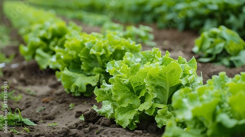 Green leaf lettuce on garden beds in the veggie field in a farm plot photo