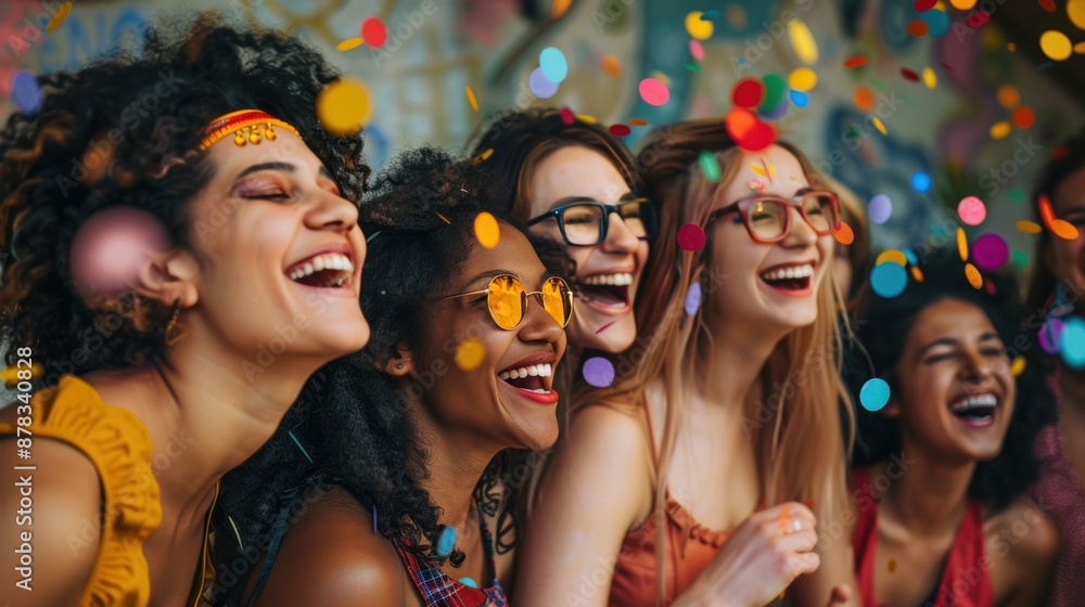 A Group of Happy, Diverse Young Women Laughing and Enjoying a Festive Event with Colorful Confetti in the Air A Group of Happy, Diverse Young Women Laughing and Enjoying a Festive Event with Colorful Confetti in the Air