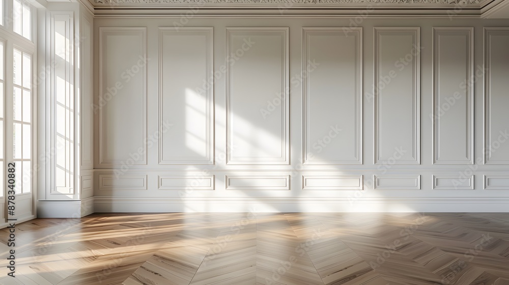 Empty room featuring pristine white walls with subtle shadow detailing, crisp white crown moulding, and smooth white panelled walls, a polished light oak wood floor. Empty room featuring pristine white walls with subtle shadow detailing, crisp white crown moulding, and smooth white panelled walls, a polished light oak wood floor.