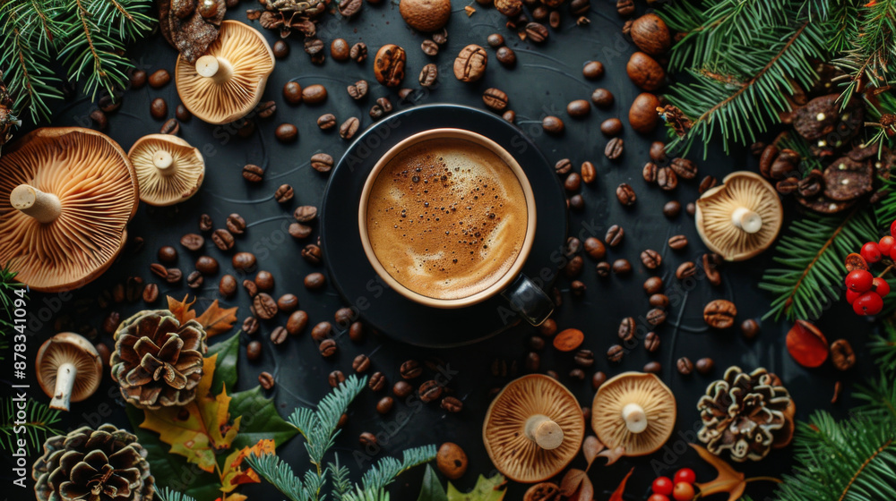 A cup of mushroom coffee on the table, surrounded by mushrooms and coffee beans A cup of mushroom coffee on the table, surrounded by mushrooms and coffee beans