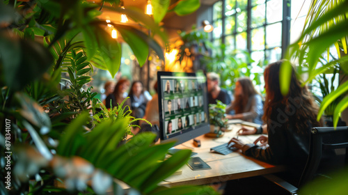 Colleagues in a vibrant online meeting on a laptop screen, against a tidy, light workspace.