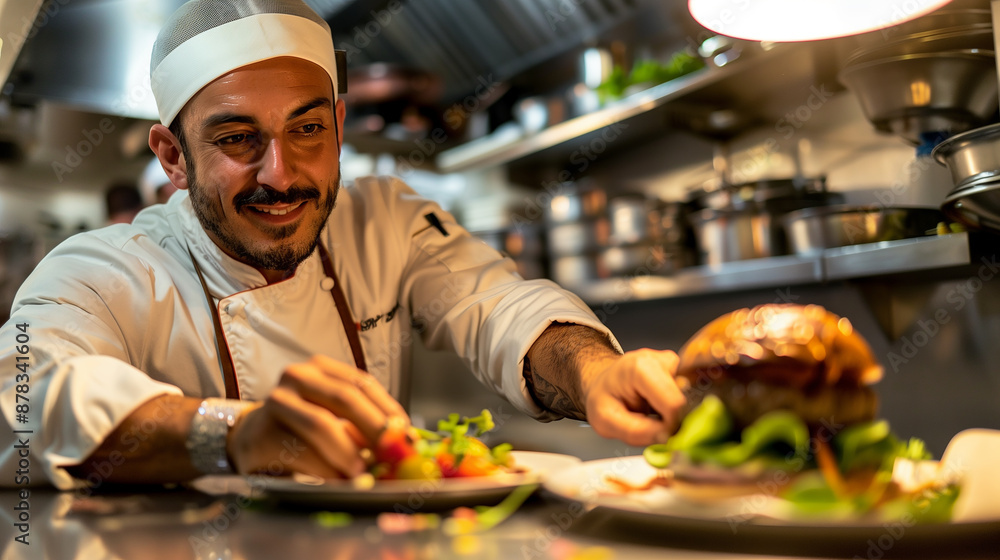 A chef is preparing a burger on a plate in front of a kitchen counter A chef is preparing a burger on a plate in front of a kitchen counter