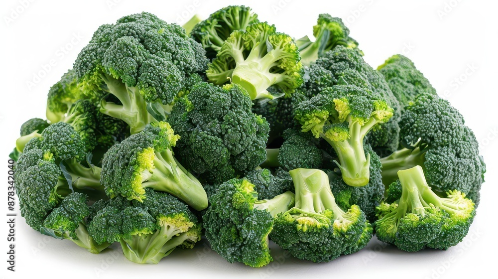 A pile of fresh green broccoli florets isolated on white background A pile of fresh green broccoli florets isolated on white background