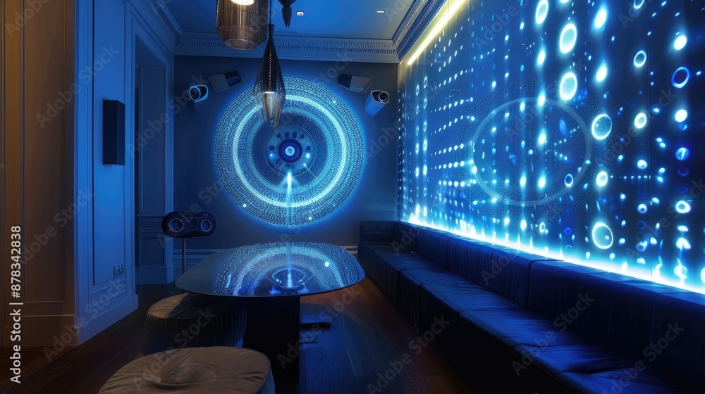 Fototapeta premium A chic dining space with interactive LED wallpaper that responds to music and a table with built-in speakers for ambient sound