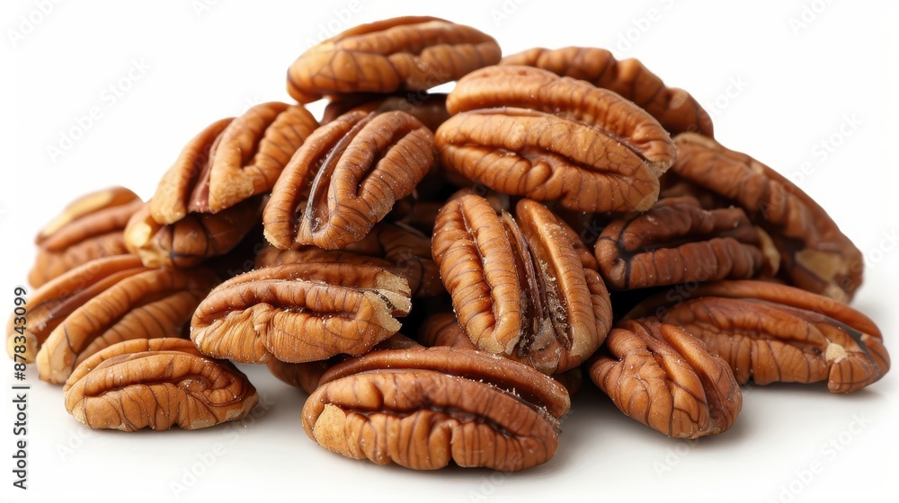 A pile of pecan nuts isolated on a white background. A pile of pecan nuts isolated on a white background.