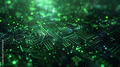 Intricate green circuit board backdrop with vibrant, pulsating connections and nodes, representing innovation and advanced computing.