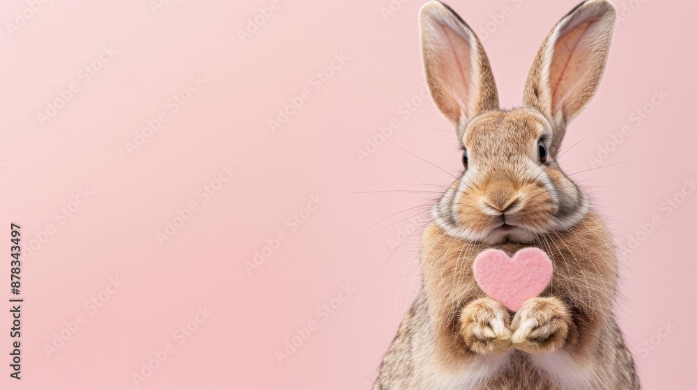 A Charming Rabbit with a Soft Coat Presenting a Pink Heart, Set Against a Gentle Pink Background A Charming Rabbit with a Soft Coat Presenting a Pink Heart, Set Against a Gentle Pink Background