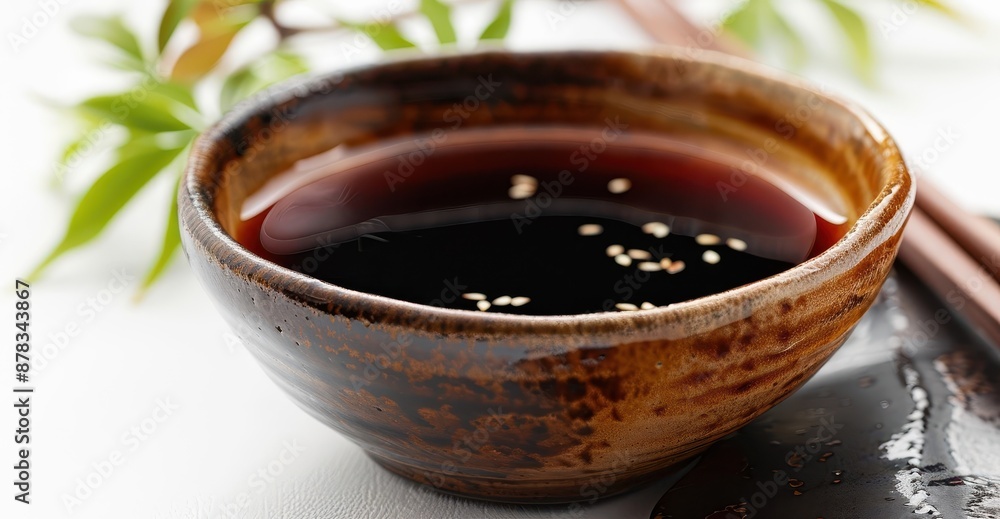 A small bowl of soy sauce with sesame seeds floating on the surface. A small bowl of soy sauce with sesame seeds floating on the surface.