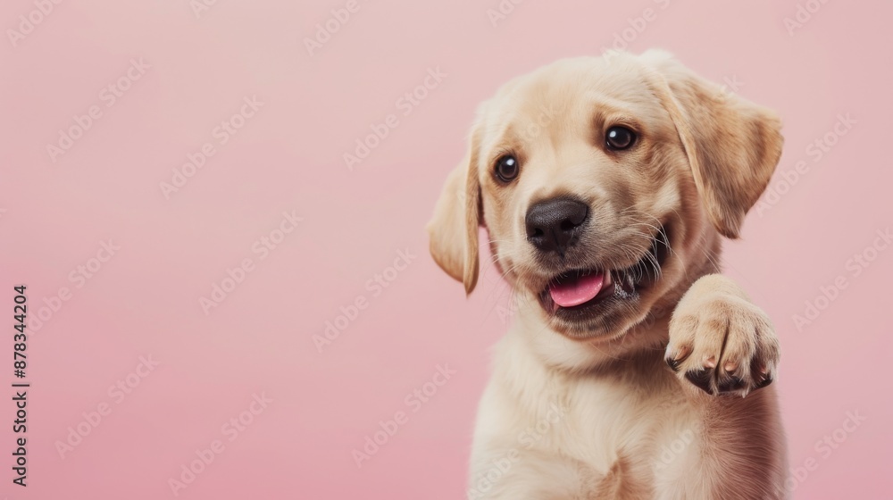 Cute Golden Retriever Puppy Waving Paw with a Playful Smile, Set Against a Soft Pink Background Cute Golden Retriever Puppy Waving Paw with a Playful Smile, Set Against a Soft Pink Background