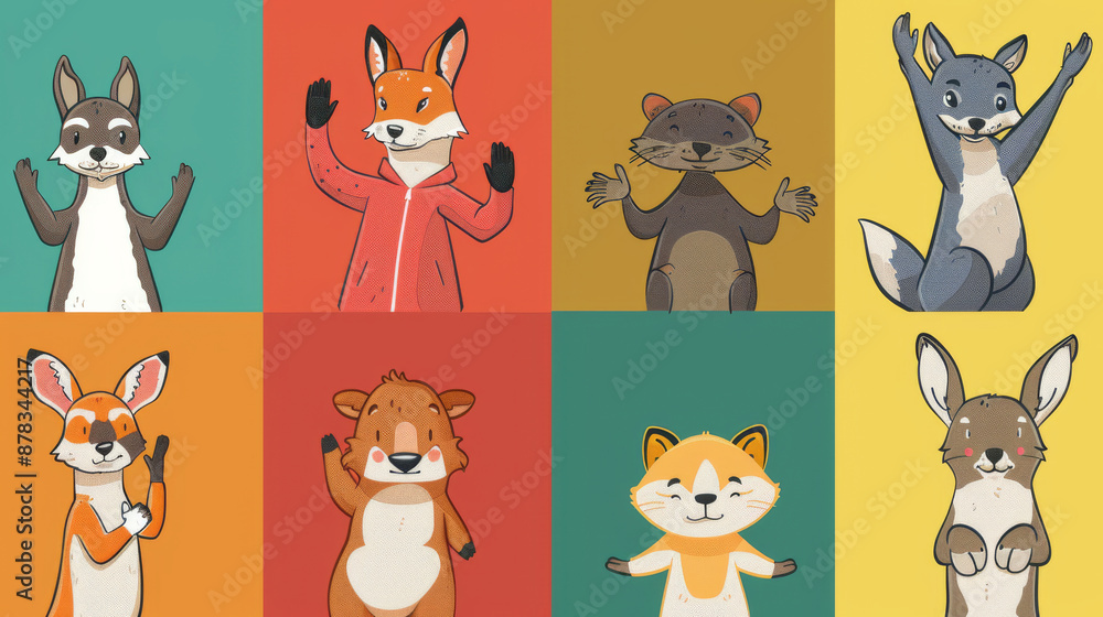 A Series of Forest Creatures Including Fox, Raccoon, and Wolf, Illustrated in Distinctive Pop Art Style on Colorful Panels A Series of Forest Creatures Including Fox, Raccoon, and Wolf, Illustrated in Distinctive Pop Art Style on Colorful Panels