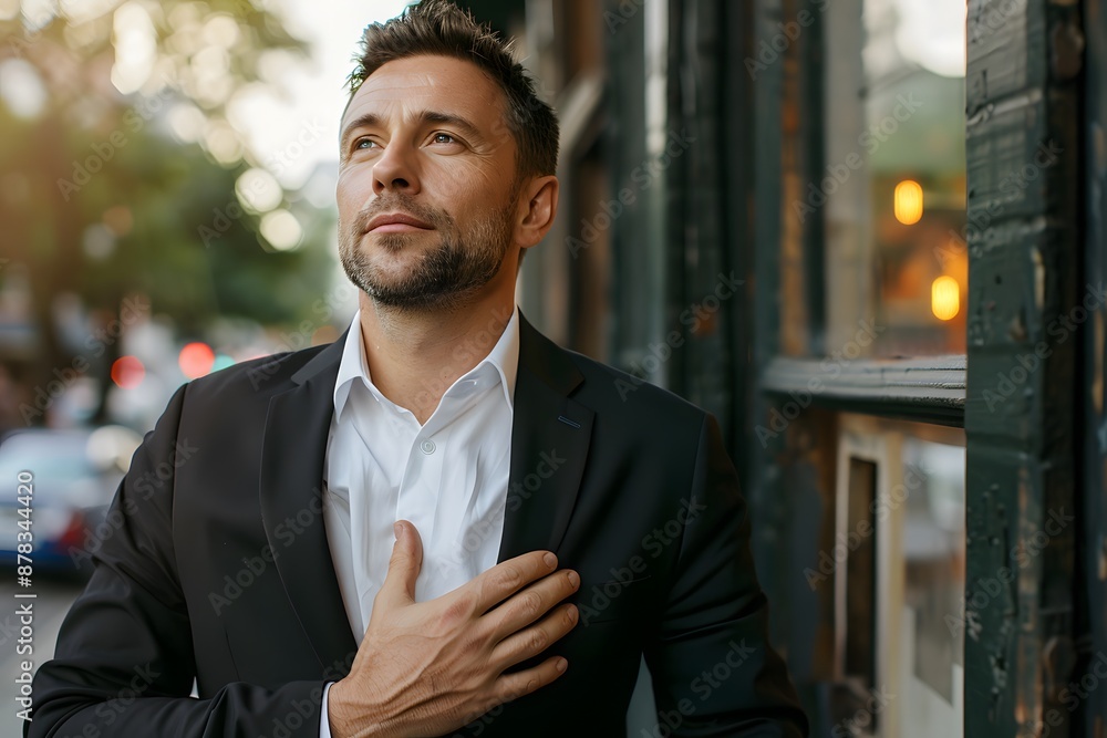 Confident Man in Business Attire Reflecting Outdoors Confident Man in Business Attire Reflecting Outdoors