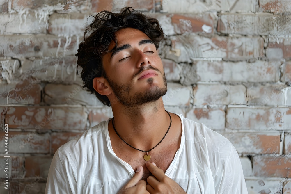 Serene Man in White Shirt Posing Against Rustic Brick Wall Serene Man in White Shirt Posing Against Rustic Brick Wall
