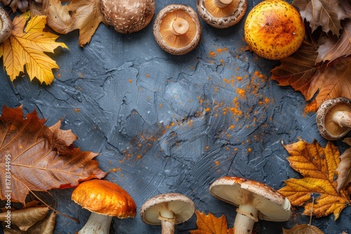 Assorted mushrooms and vibrant autumn leaves arranged on a dark, textured surface, capturing the essence of fall foraging. photo