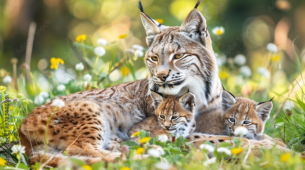 Fototapeta premium Lynx cub and mother on the grass and flowers