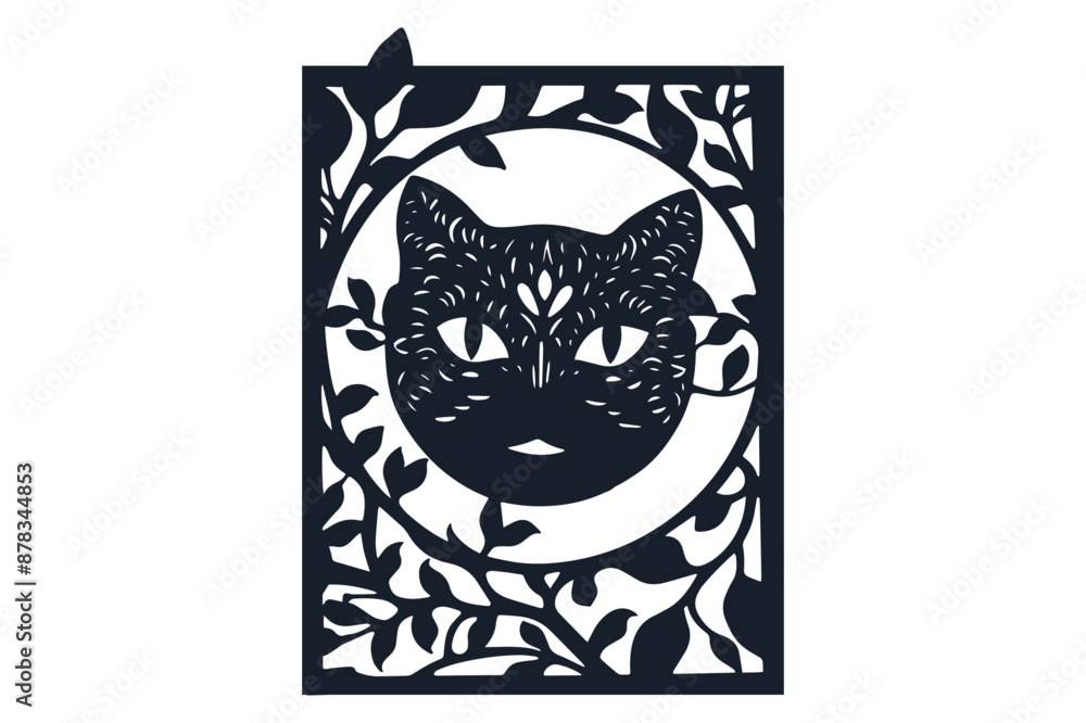 Cat with Leaves Card Paper Cut Vector Cat with Leaves Card Paper Cut Vector