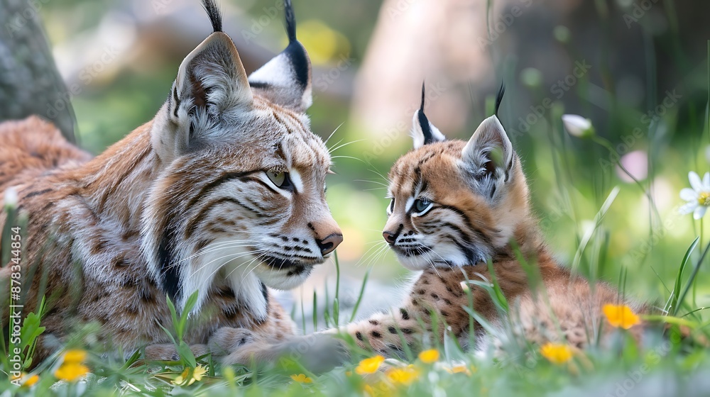 Fototapeta premium Lynx cub and mother on the grass and flowers