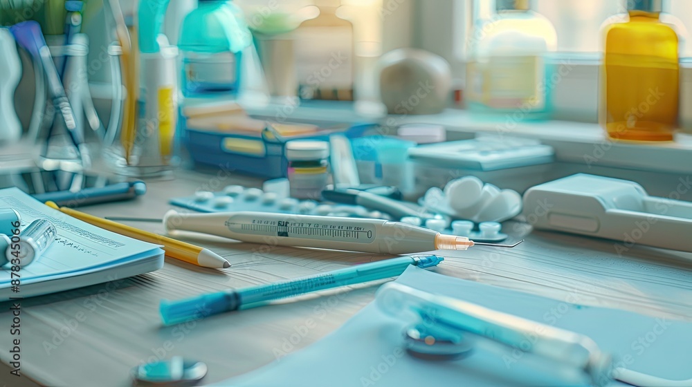 Digital thermometer and other medical diagnostic tools on a doctor's desk Digital thermometer and other medical diagnostic tools on a doctor's desk