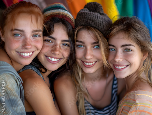 Selfie of a multi-ethnic group of friends with lgbt pride flags © GenAI