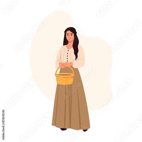 Vector illustration of a beautiful peasant girl.Cartoon scene of a medieval village girl holding a wicker basket, wearing a shirt with puffy sleeves, a brown long skirt isolated on a white background.