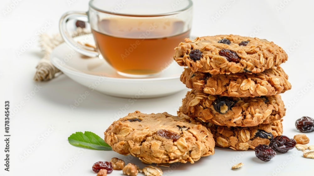 Raisin oatmeal cookie and green tea on white background for healthy lifestyle concept Raisin oatmeal cookie and green tea on white background for healthy lifestyle concept