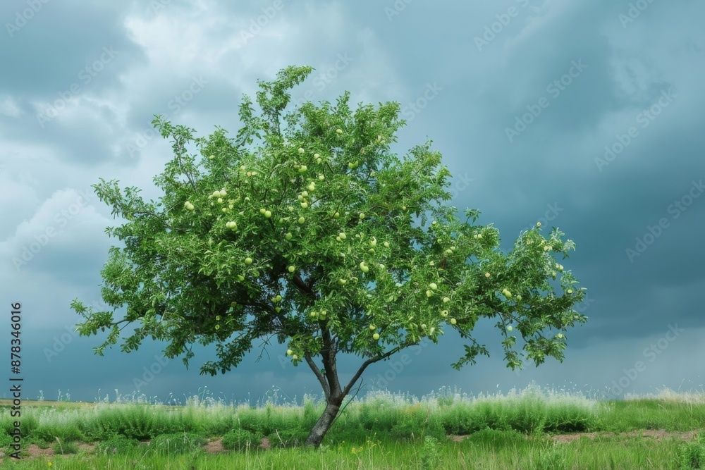 Obraz premium A vibrant green apple tree shines brightly under a cloudy sky in a lush green field, adorned with small flowers amidst its dense foliage, hinting at the fruits to come