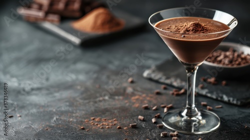 A chocolate martini sprinkled with cocoa powder on a dark background, featuring a blurred tray with chocolate blocks and cocoa powder in the backdrop. photo