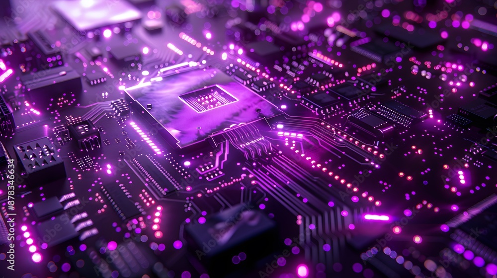 Sleek purple motherboard design featuring luminous trails and circuits, evoking a sense of speed and digital progress. with space for text. Sleek purple motherboard design featuring luminous trails and circuits, evoking a sense of speed and digital progress. with space for text.
