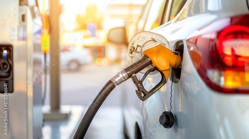 Close-up of a car being refueled at a gas station, highlighting the fuel nozzle and the process of filling the vehicle with gasoline. photo