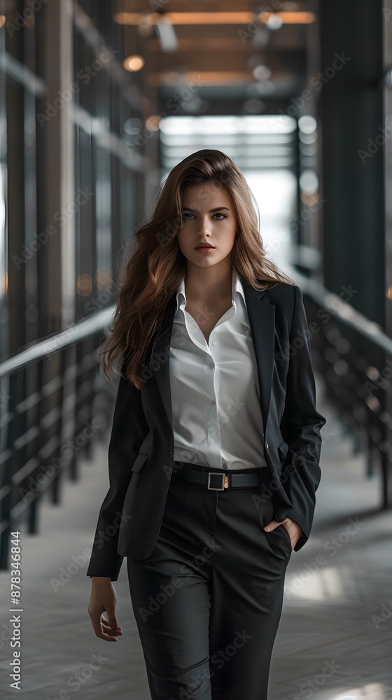 a beautiful young business woman dressed in a professional suit walks down the corridor of her company, pictured from the front a beautiful young business woman dressed in a professional suit walks down the corridor of her company, pictured from the front