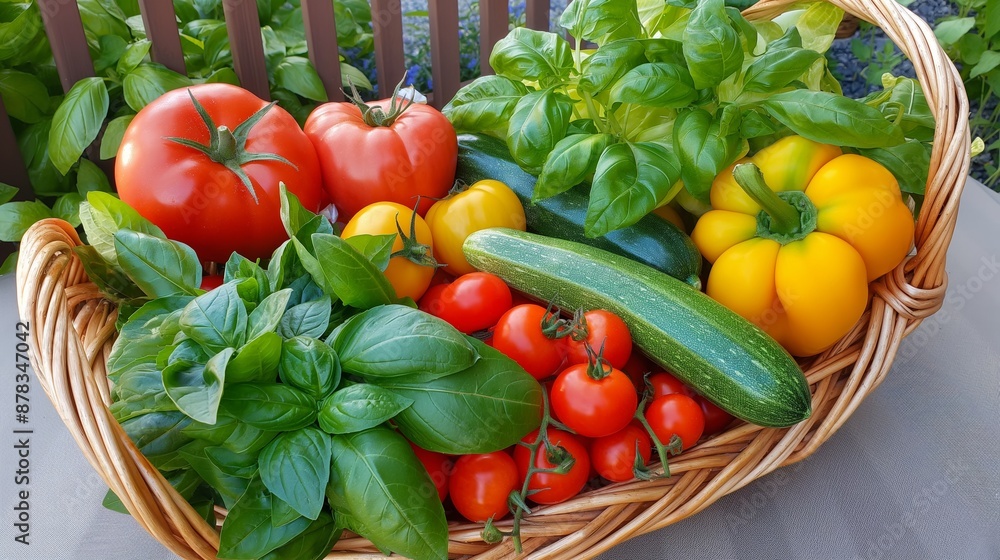 A basket of vegetables including tomatoes, cucumbers, and peppers A basket of vegetables including tomatoes, cucumbers, and peppers