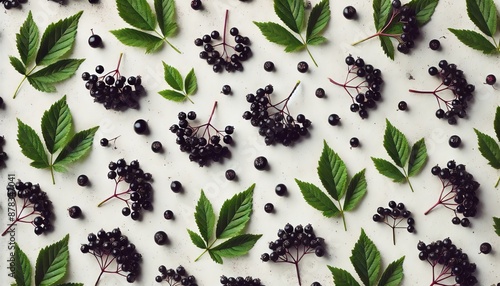 An image of elderberries scattered evenly on a light background, interspersed with fresh green leaves