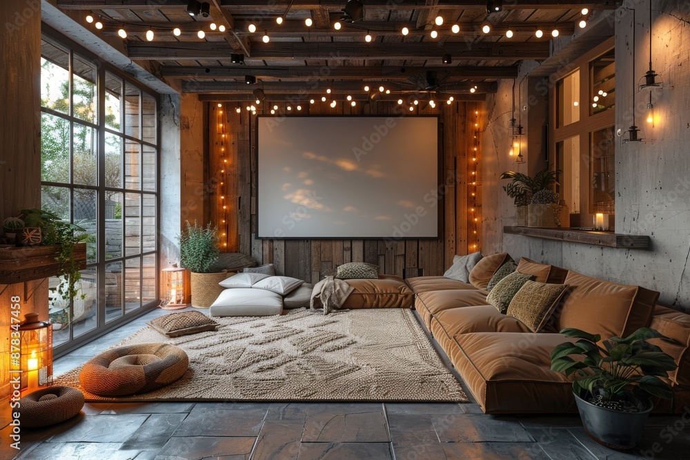 A rustic living room with a large projection screen, cozy seating, ambient string lighting, and wooden elements, creating a warm and inviting atmosphere for relaxation. A rustic living room with a large projection screen, cozy seating, ambient string lighting, and wooden elements, creating a warm and inviting atmosphere for relaxation.