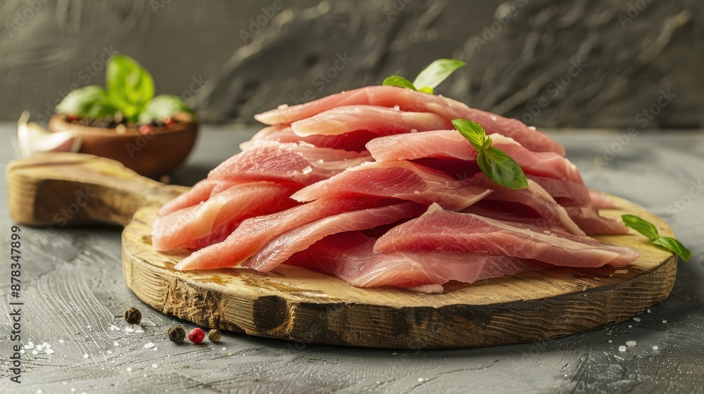 A pile of raw Shank fillet, cut into thin strips, on wooden board clean. A pile of raw Shank fillet, cut into thin strips, on wooden board clean.