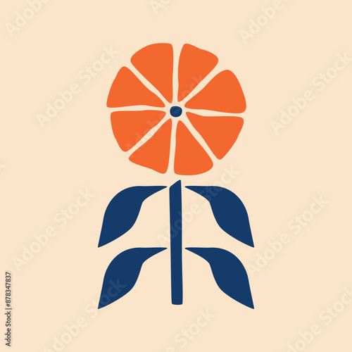 Folk geometric flower hand drawn vector illustration. Isolated red plant in flat style for poster or logo.