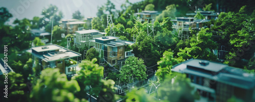 Modern homes nestled in lush green trees on a sunny day © BraveSpirit
