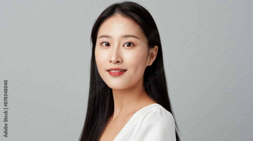 A beautiful Chinese woman with long hair, posing for the camera in white and smiling at her face A beautiful Chinese woman with long hair, posing for the camera in white and smiling at her face
