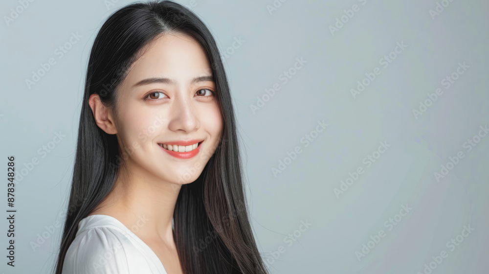 A beautiful Chinese woman with long hair, posing for the camera in white and smiling at her face A beautiful Chinese woman with long hair, posing for the camera in white and smiling at her face