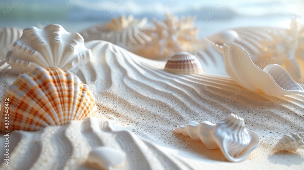 Shells are arranged on a sandy beach with waves, Travel concept Shells are arranged on a sandy beach with waves, Travel concept