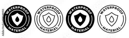Waterproof material label. Water resistant stamp. Rain protection vector illustration. Anti moisture fabric emblem, badge, symbol or stamp. Shield with water drop seal. Wet protection icon.