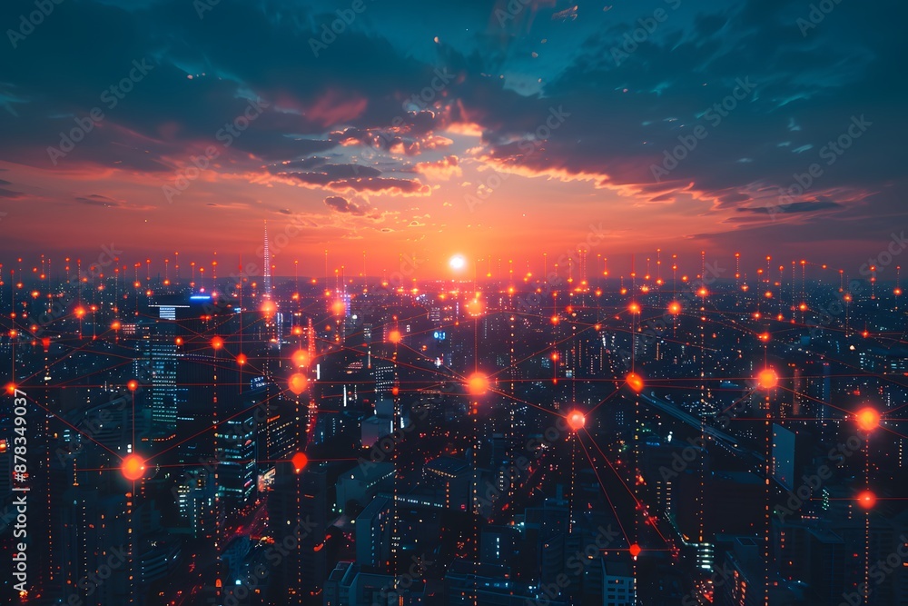 Futuristic Cityscape at Sunset with Glowing Network Nodes Futuristic Cityscape at Sunset with Glowing Network Nodes