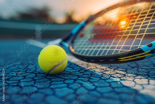 Tennis Racket and Ball on a Cracked Court at Sunset