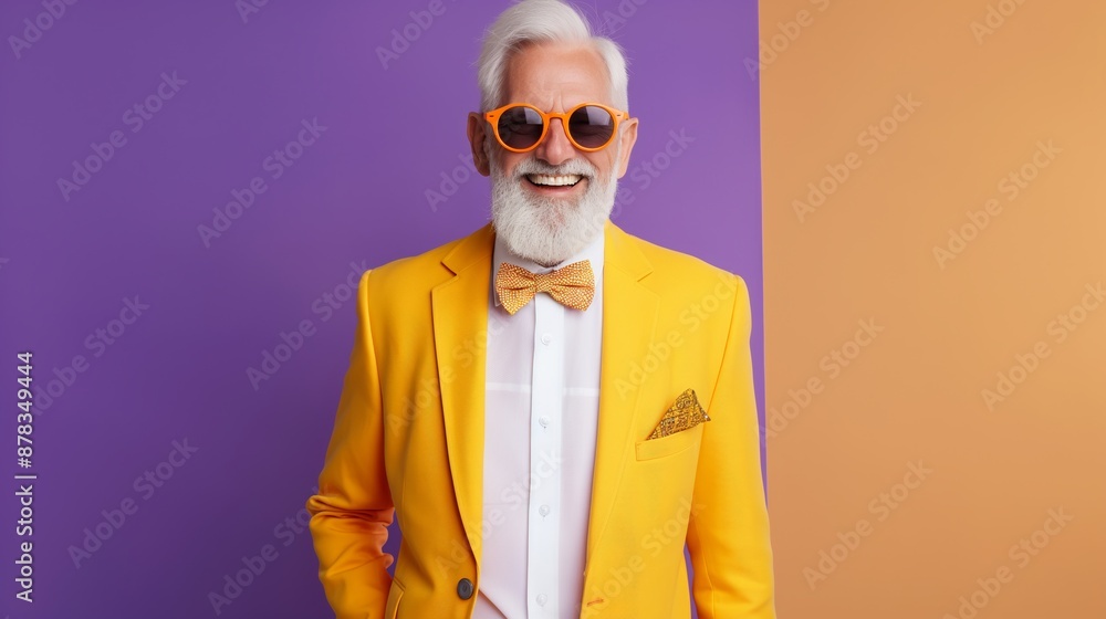 A man in a yellow suit and orange sunglasses is smiling. He is wearing a yellow jacket and a white shirt A man in a yellow suit and orange sunglasses is smiling. He is wearing a yellow jacket and a white shirt