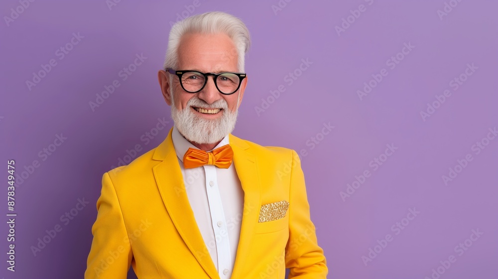 A man in a yellow suit and orange bow tie is smiling. He is wearing glasses and has a mustache A man in a yellow suit and orange bow tie is smiling. He is wearing glasses and has a mustache