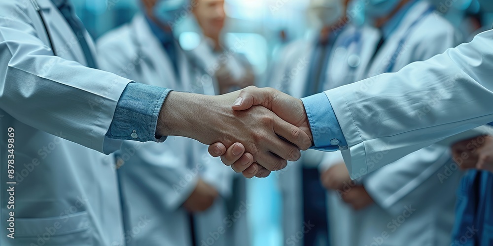 A collage of medical professionals in white coats shaking hands, with other doctors holding tools and charts in the background. Generative AI. A collage of medical professionals in white coats shaking hands, with other doctors holding tools and charts in the background. Generative AI.