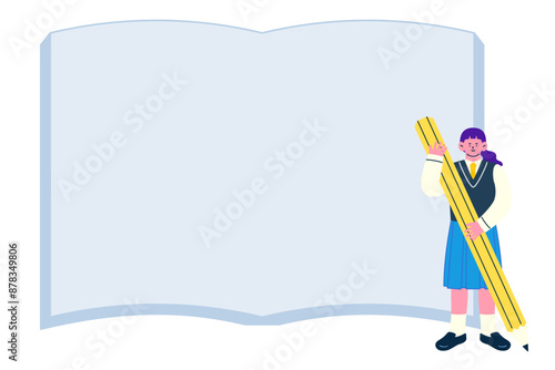 大きな鉛筆を手に持った制服姿の女子学生と、本のフレーム背景
