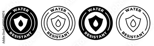 Water resistant label. Anti-water material icon. Rain protection vector illustration. Waterproof fabric emblem, badge, sign, symbol or stamp. Shield with water drop seal. Wet protection icon.