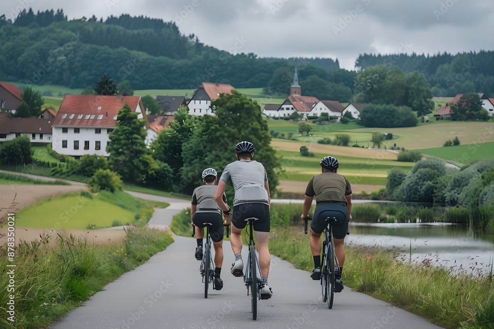 Obraz premium cyclists enjoying a peaceful ride through a picturesque countryside landscape