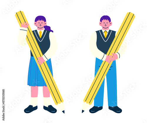 大きな鉛筆を手に持った制服姿の女子学生と男子学生