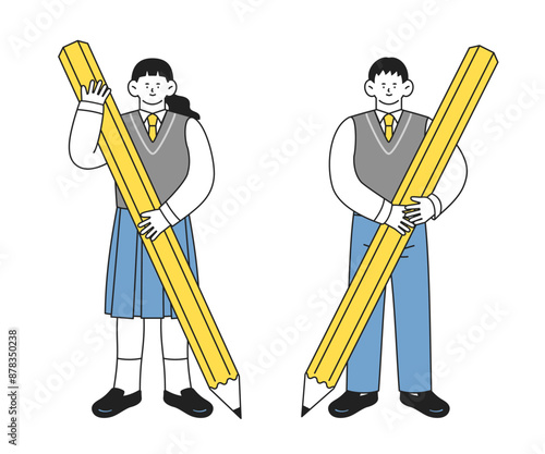 大きな鉛筆を手に持った制服姿の女子学生と男子学生