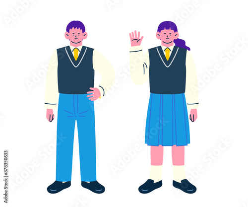 ポジティブな表情でポーズをとる制服姿の男女の学生全身セット